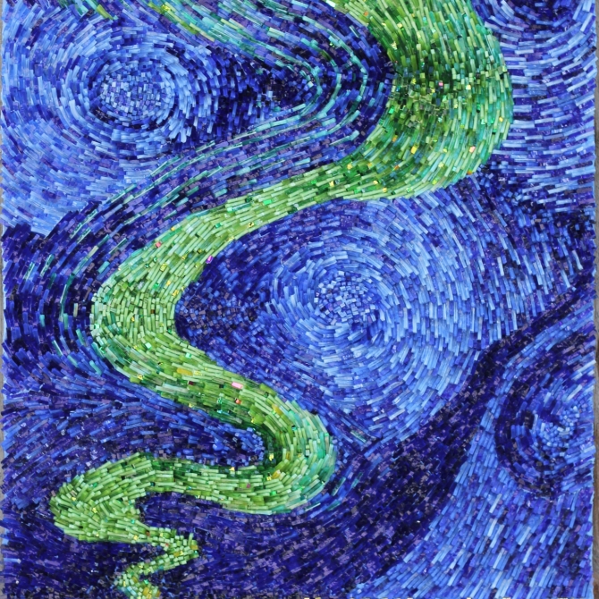 Chemins scintillants - 2018. 76 cm x 51 cm. Verre, smalti, verre dichroïque, smalti d’or. 2500-
